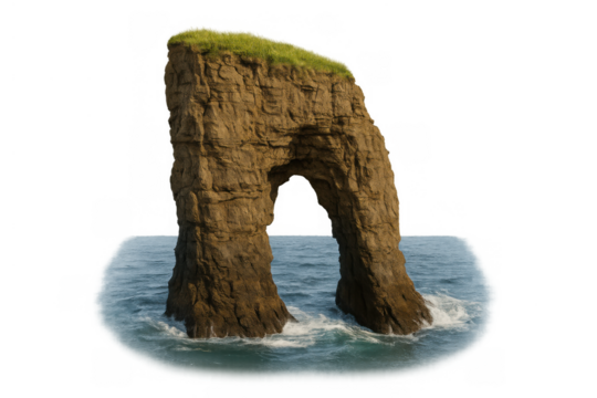 Sea arch rock formation featuring a natural eroded arch, topped with green grass, standing in the ocean with splashing water. Transparent background