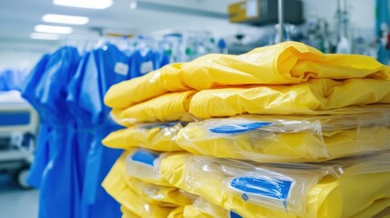 Stacks of clean individually packaged disposable yellow medical gowns for healthcare professionals and personal protection