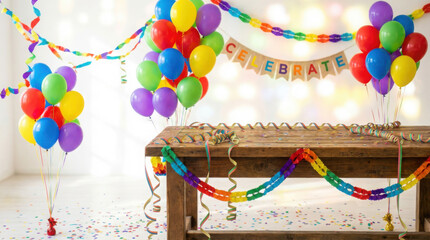 Colorful balloons streamers confetti and a CELEBRATE banner above a wooden table setup