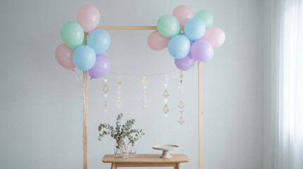 Pastel colored balloons frame a wooden table with eucalyptus in glass vases and a cake stand