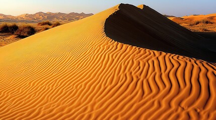 Sand dune landscape with sunlight creating wavy patterns and shadows