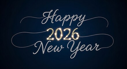Happy 2026 new year message with glowing golden star effect numbers and elegant white script lettering on a deep blue background.