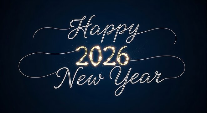 Happy 2026 new year message with glowing golden star effect numbers and elegant white script lettering on a deep blue background.