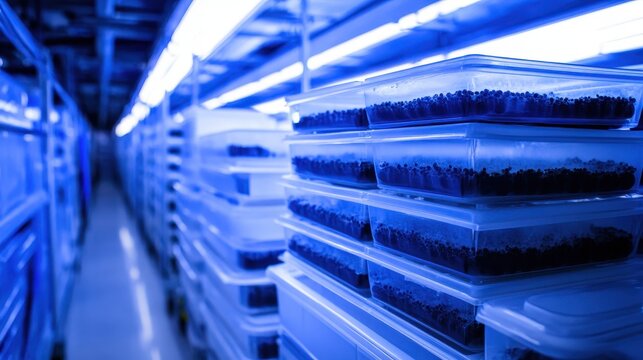 Transparent plastic containers filled with dark biological material stacked neatly on shelves in a brightly lit laboratory research facility