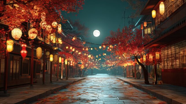 Japanese street with red autumn leaves illuminated by glowing lanterns and a full moon night. Traditional asian village for travel and culture.