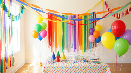 Vibrant rainbow streamers colorful balloons and party hats set up indoors