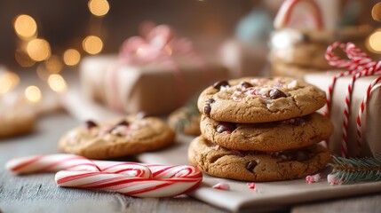 Stack of peppermint chocolate chip cookies with candy cane, pine branch, and gift. Seasonal holiday treat for Christmas eve celebration.