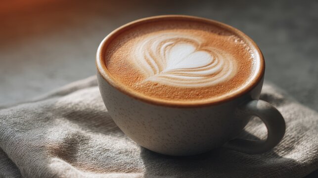 Coffee latte with heart shape art on a rustic background. Warm beverage for a cozy morning or cafe advertisement, love concept.
