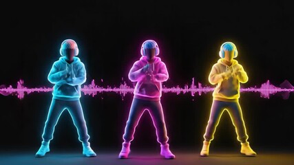 Vibrant animated dancers in colorful hoodies express rhythm and energy, showcasing dynamic movements with headphones, as the camera pans across the scene, capturing the musical atmosphere