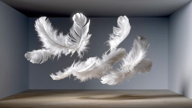 Floating white feathers gracefully drift through an empty room, showcasing their delicate textures and movement, captured with a smooth dolly camera motion, emphasizing lightness and tranquility