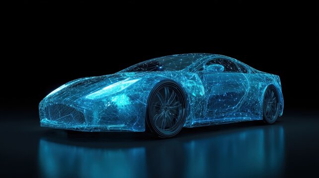 Blue glowing wireframe car on a dark background. Automotive design and engineering future technology concept. Advanced auto visualization for innovation.