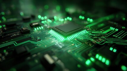 Electronic circuit board with glowing green light. Microchip on a motherboard close-up for technology, data, and artificial intelligence concept.