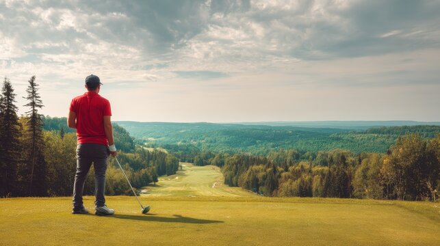 Man on elevated tee box overlooking a expansive golf course fairway surrounded by lush green forest for athletic training and recreation.