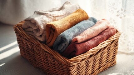 Obraz premium Folded clean clothes in a wicker basket, tidily arranged in warm, earthy colors. Concept of organizing and keeping things in order for home comfort.