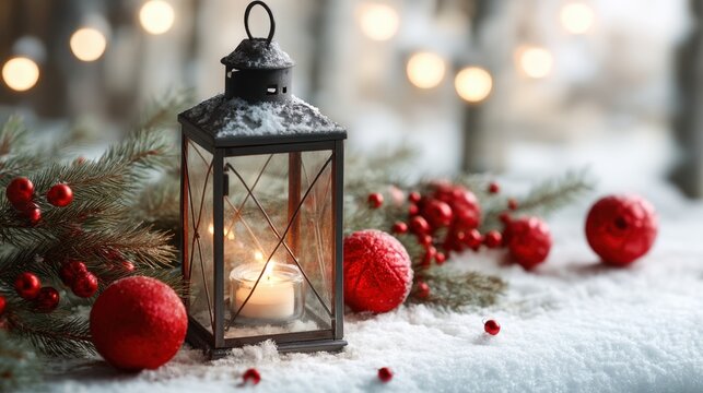 Lantern with lit candle on a snow-covered surface decorated with red Christmas ornaments. Winter holiday season decoration for cozy greeting card design. - Powered by Adobe