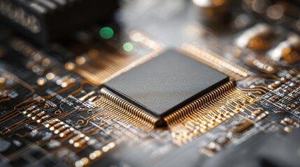 Close up view of a microchip on a circuit board. Computer processor with golden pins and electronic components. Hardware technology and digital data concept.