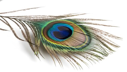 Obraz premium Close up of iridescent peacock feather on white