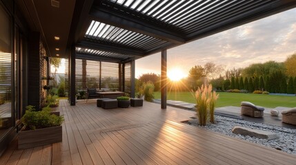 Modern outdoor patio with wooden deck and comfortable seating under a pergola. Luxurious backyard design with green lawn, perfect for relaxation and warm weather.