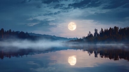 Fototapeta premium Full moon shining brightly over a tranquil foggy lake with forest on horizon. Beautiful night landscape for mystery and nature concepts.