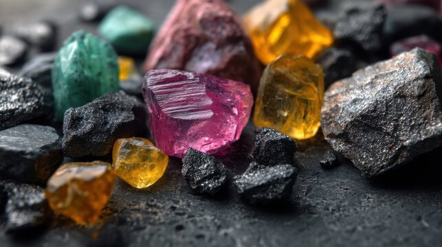 Assortment of raw natural gemstones and rough minerals on dark background. Earth science and geology education material for mineralogy study.
