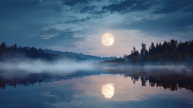 Full moon shining brightly over a tranquil foggy lake with forest on horizon. Beautiful night landscape for mystery and nature concepts. - Powered by Adobe