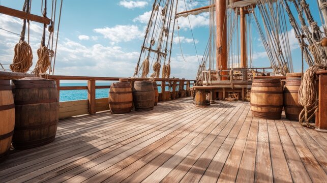 Wooden deck of an old sailing ship with barrels and ropes, blue sea in the background. Maritime adventure experience and vintage transport travel.