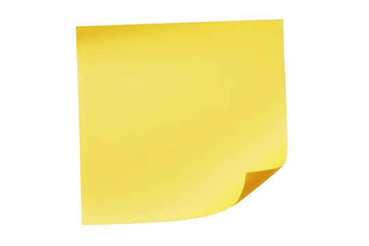 Yellow sticky note with curled corner isolated on a transparent background