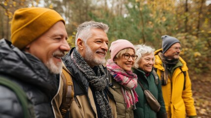 Group of mature men and women smiling while walking outdoors on nature trail in autumn forest. Happy elder friends enjoying wellness activity together.