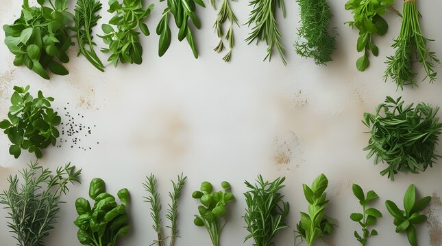 Culinary herbs assorted on white surface for herbal background