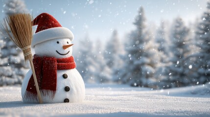 Obraz premium Cute snowman with red hat and scarf standing in snowy winter wonderland. Cheerful Christmas holiday background. New year character.