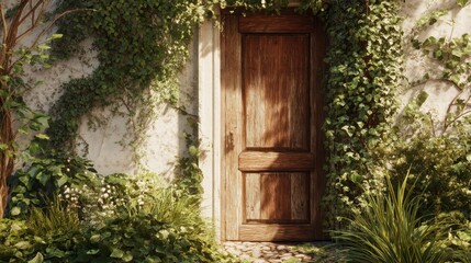 Fototapeta premium Old wooden door surrounded by lush green ivy and foliage in a sun-dappled garden setting, evoking nature and growth.