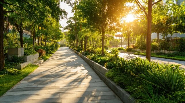 Sunlit pathway in a modern park with green foliage and trees. Nature design and landscaping concept for urban planning.