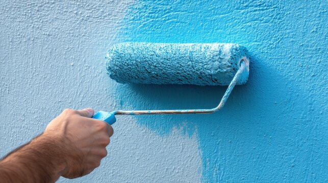 Hand of caucasian man holding a paint roller and painting a textured wall blue. Home improvement, renovation, and DIY concept.