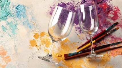 Two wine glasses and art brushes on colorful paint powder background. Creative art and wine pairing for a fun evening activity or event concept.