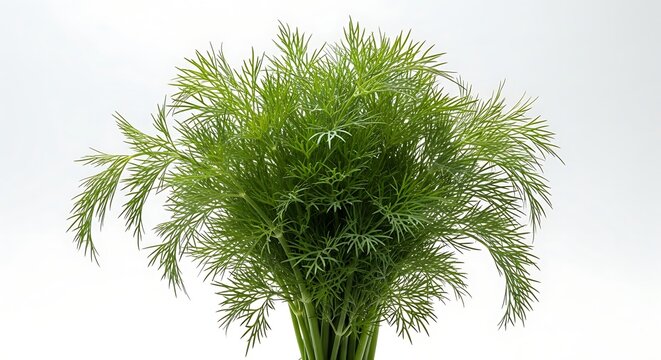 Bunch of fresh green dill herb with feathery leaves on a white background image