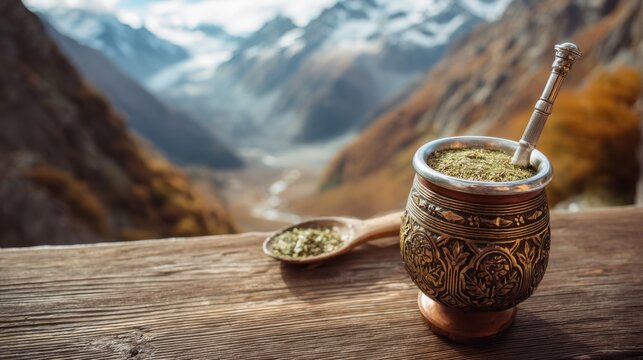 Traditional mate calabash with bombilla and yerba tea on wooden table with scenic mountain view. Enjoying South American tea in nature. - Powered by Adobe