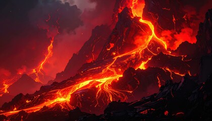 A dramatic volcanic eruption shows flowing lava amidst dark, smoky clouds, creating a striking contrast of fiery colors and raw geological power.