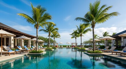 Fototapeta premium Luxury resort swimming pool area with palm trees and blue sky