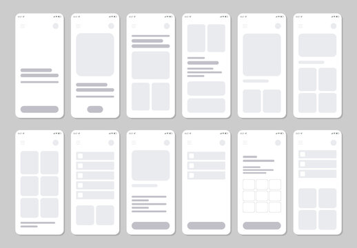 Set of Low Fidelity Mobile App Wireframe Screens UX Templates