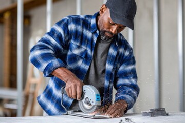 Construction worker cutting metal with circular saw creating sparks in workshop