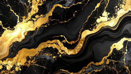 A striking abstract design featuring swirling black and gold patterns, creating a luxurious and modern aesthetic.