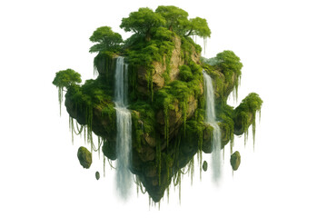 Floating island with flowing waterfalls, green moss, and lush trees, creating a surreal nature concept, transparent background