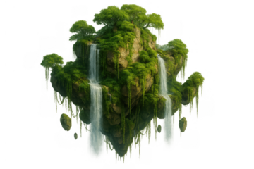 Floating island with flowing waterfalls, green moss, and lush trees, creating a surreal nature concept, transparent background