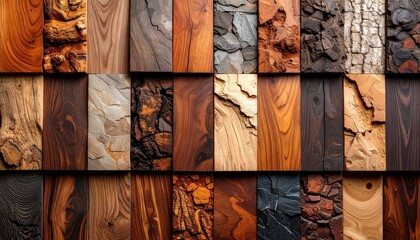 A vibrant display of various wood textures and patterns, showcasing the beauty of natural materials in a grid layout.