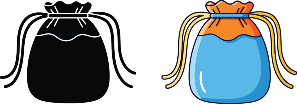 Two drawstring bags a black outline and a colored version illustration