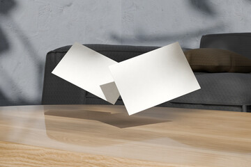 Floating Blank Postcards Mockup in Modern Living Room