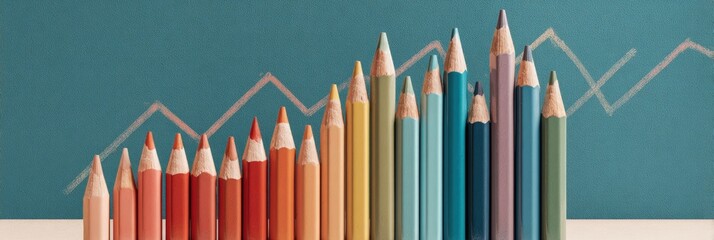 Colorful pencils arranged in a row, mimicking a rising graph against a teal background
