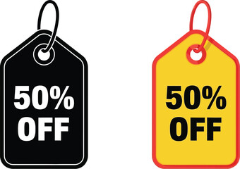 Two sale tags displaying fifty percent off offer in different colors