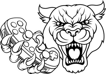 Obraz premium A panther, leopard or cougar wildcat cat jaguar gamer sports mascot holding a video game controller