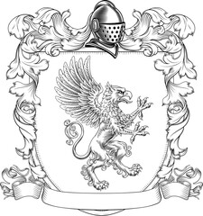 Naklejka premium A Griffin or Gryphon coat of arms or crest family heraldry medieval heraldic animal knight shield. With helmet and acanthus filigree scroll ornament in a vintage woodcut style.